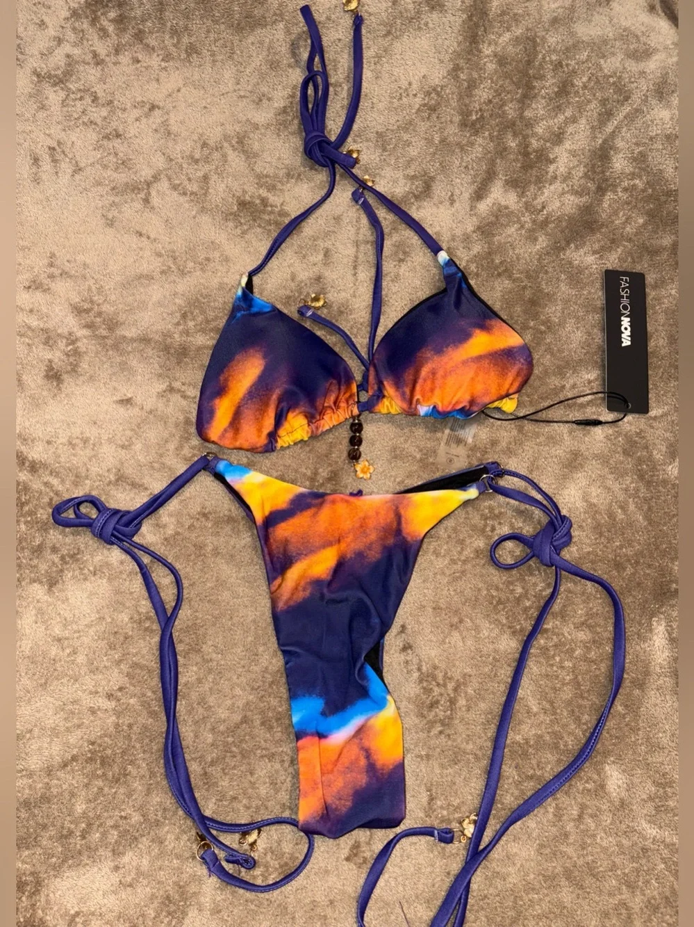 NWT Fashion Nova Purple, Orange & Blue Tie-Dye String Bikini 3pc Set